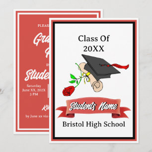 Red and White Graduation Diploma Cap School Name Invitation