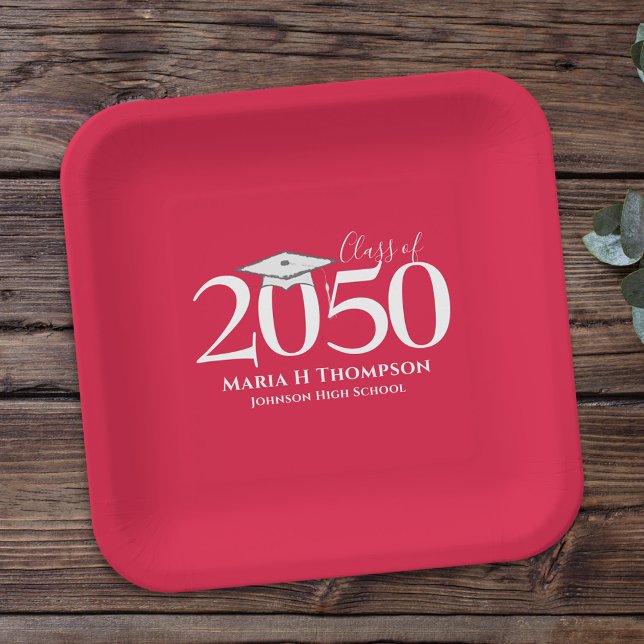 Red and White Graduation Hat Personalised Paper Plate (Creator Uploaded)