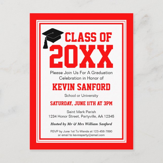 Red and White Graduation Party Invitation Postcard (Front)