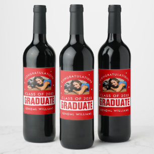 Red and White Graduation Photo Custom Wine Label
