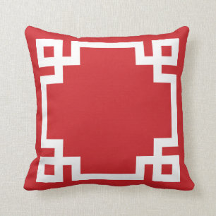 Red and White Greek Key Border Cushion