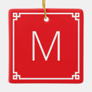 Red and White Greek Key Border Monogram Photo Ceramic Ornament
