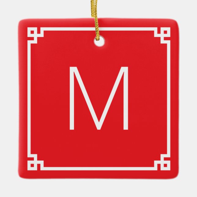 Red and White Greek Key Border Monogram Photo Ceramic Ornament (Front)