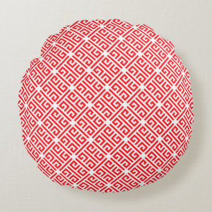 Red and white Greek Key Geometric Pattern Round Cushion