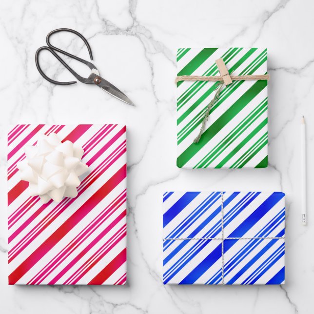 Red and white, green and white, blue and white wrapping paper sheet (Front)