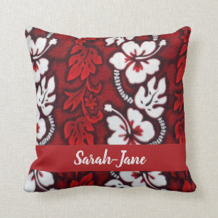 Red and White Hawaiian Hibiscus Tropical Floral Cushion