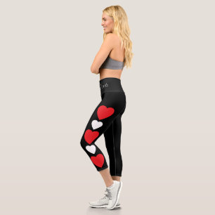 Red and white heart black capri leggings