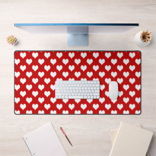 Red and White Heart Pattern Fabric Desk Mat