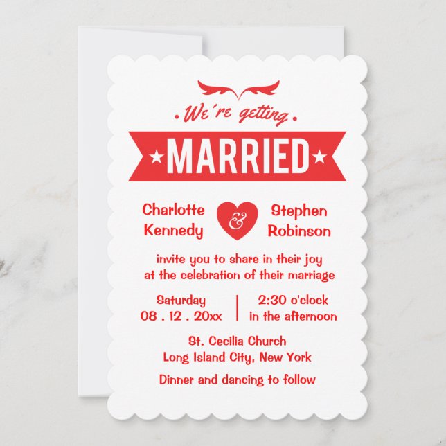 Red And White Heart We're Getting Married Wedding Invitation (Front)