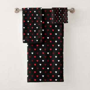 Red and white hearts on black bath towel set