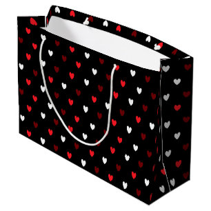 Red and white hearts on black large gift bag