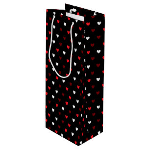 Red and white hearts on black wine gift bag