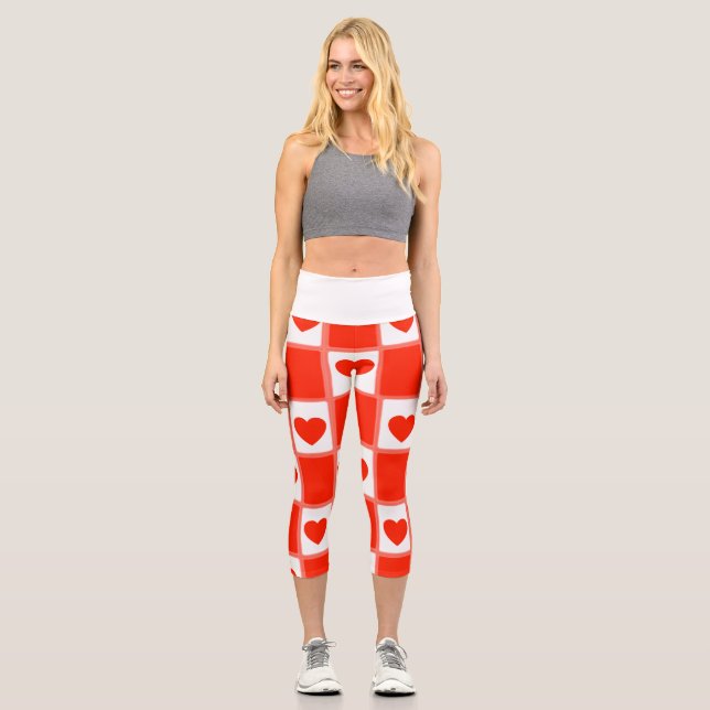 Red and white hearts pattern High Waisted Capris (Front)