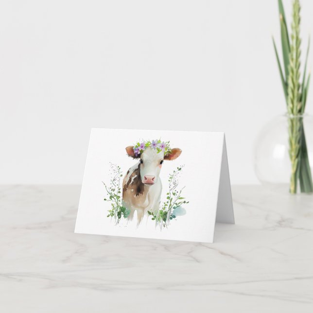 Red and White Heifer (Cow) with Flowers BLANK  Card (Front)