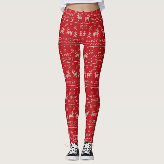 Red and White Holiday Ugly Sweater Leggings (Front)