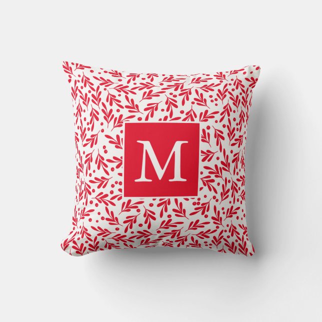 Red and White Holly Berries | Holiday Monogram Cushion (Front)