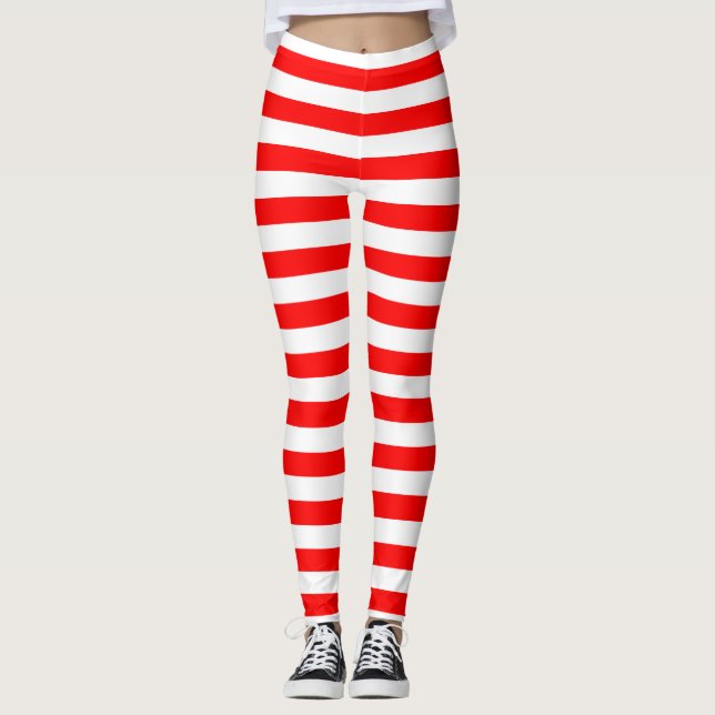 Red And White horizontal Stripes Leggings (Front)