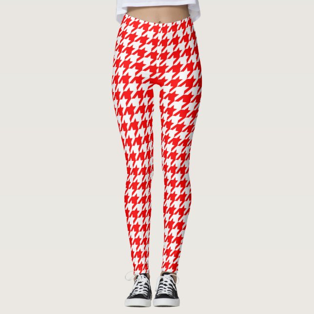 Red and White Houndstooth Check Leggings (Front)