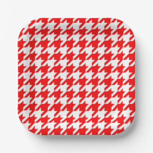 Red and White Houndstooth Check Paper Plate