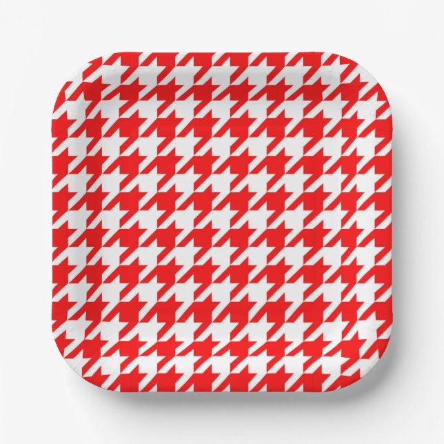 Red and White Houndstooth Check Paper Plate (Front)