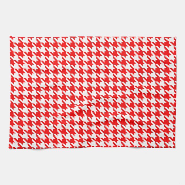 Red and White Houndstooth Check Tea Towel (Horizontal)