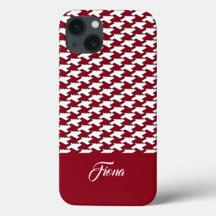 Red and white houndstooth pattern monogram iPhone 13 case