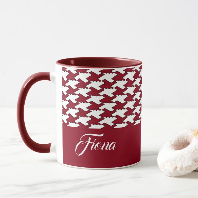 Red and white houndstooth pattern monogram mug (With Donut)