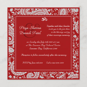 Red and white indian damask Hindu wedding Invitation