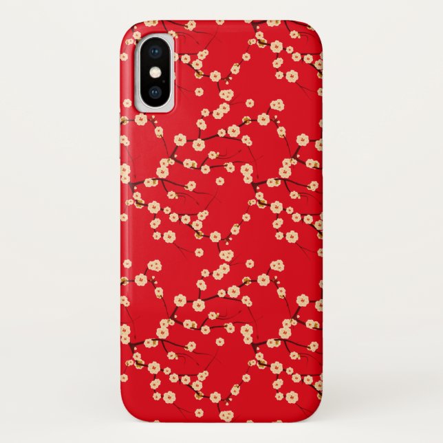Red and White Japanese Cherry Blossoms Pattern Case-Mate iPhone Case (Back)