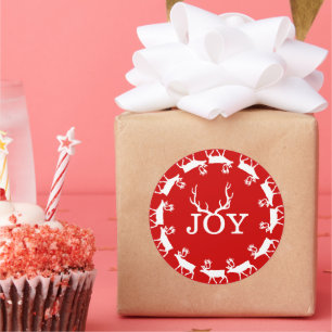 Red and White Joy Deer Antler Christmas Holiday Classic Round Sticker