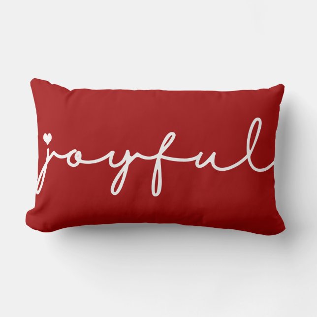 Red and White Joyful with Heart Holiday Lumbar Cushion (Front)
