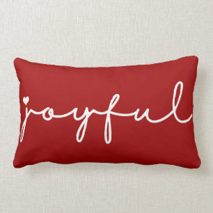Red and White Joyful with Heart Holiday Lumbar Cushion