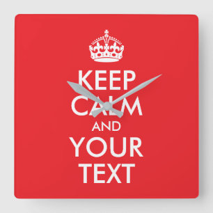 Red and White Keep Calm and Your Text Square Wall Clock
