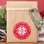 Red and White Knit Snowflake Christmas Gift Classic Round Sticker<br><div class="desc">A fun addition to holiday gift wrapping or holiday celebration these, round, personalised Christmas stickers feature a message of cheer, your name and a knit sweater inspired snowflake. Share the cosy and festive vibes on gifts of baked good, wrapped presents, bottles and so much more while the custom text marks...</div>