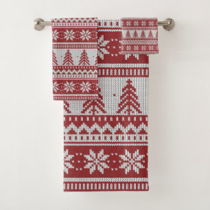 Red and White Knitted Look Pine Trees Snowflakes Bath Towel Set