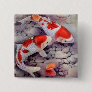 Red and White Koi Fish Pond 15 Cm Square Badge