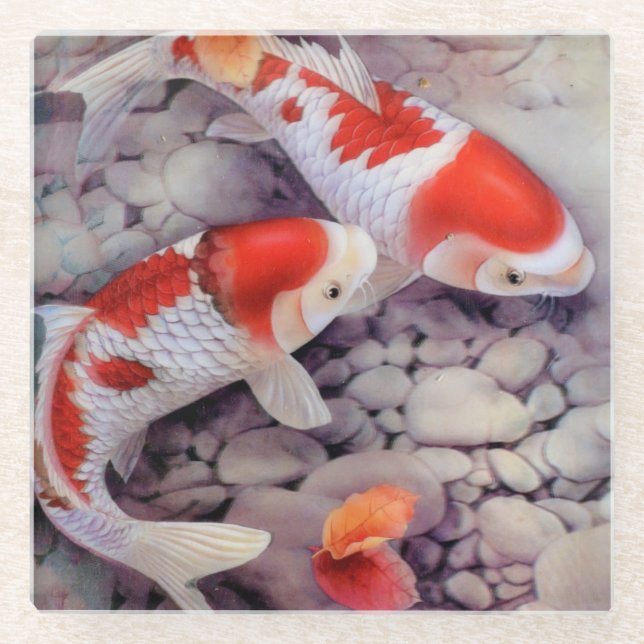 Red and White Koi Fish Pond Glass Coaster (Front)