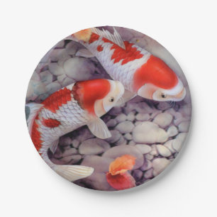 Red and White Koi Fish Pond Paper Plate