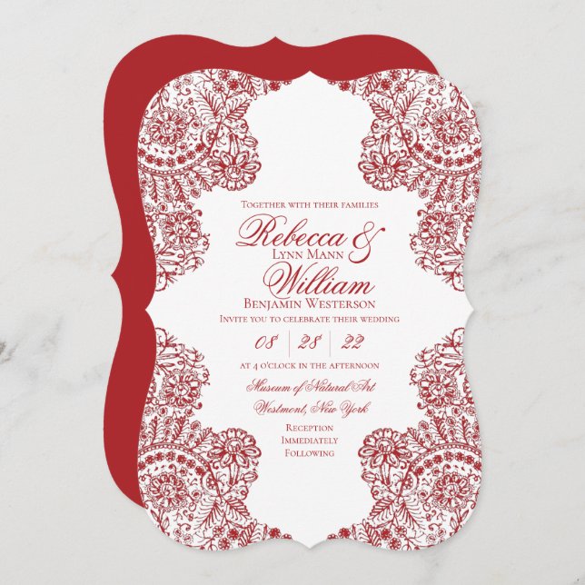 Red and White Lace Elegant Gothic Wedding Invitation (Front/Back)