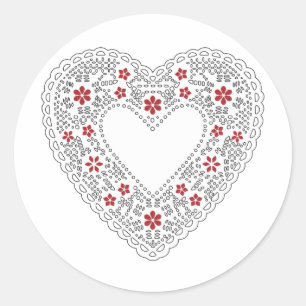 Red and White Lace Heart Classic Round Sticker