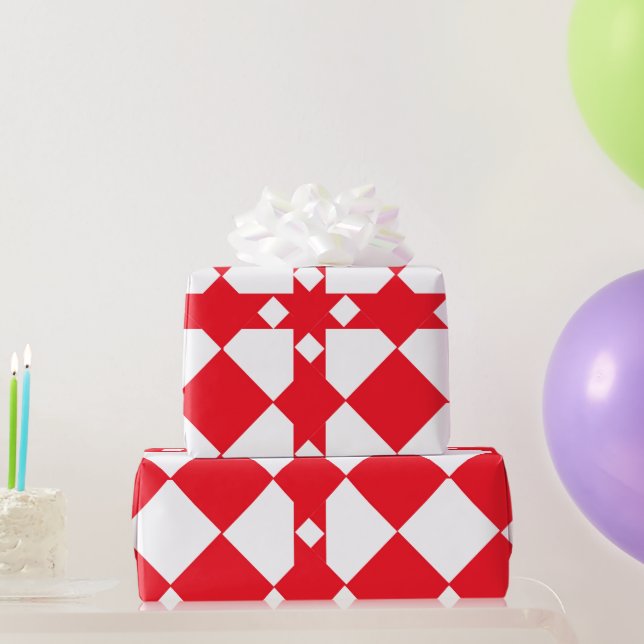 Red and White Large Chequerboard Diamond Pattern Wrapping Paper (Party Gifts)