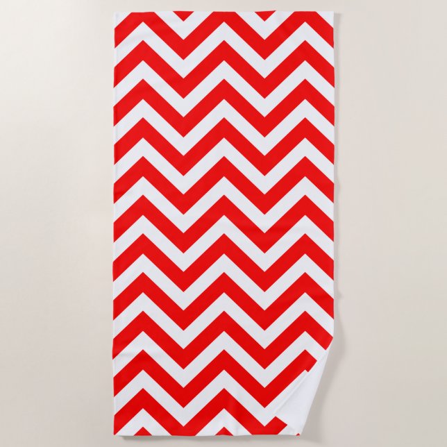 Red and White Large Size Chevron Stripes Beach Towel (Front)