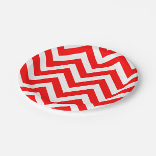Red and White Large Size Chevron Stripes Paper Plate