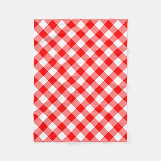 Red and White Large Size Diagonal Gingham Checks Fleece Blanket (Front)