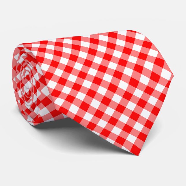 Red and White Large Size Diagonal Gingham Checks Tie (Rolled)