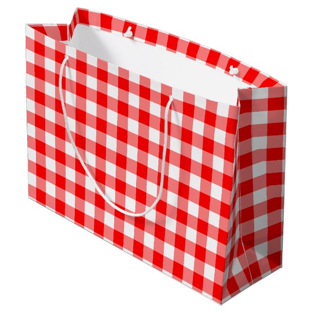 Red and White Large Size Gingham Checks Gift Bag (Back Angled)