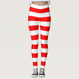 Red and White Large Size Horizontal Stripes Leggings