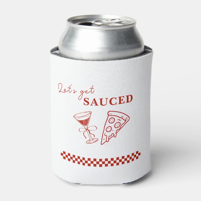 Red and White Let's Get Sauced Bachelorette  Can Cooler (Can Front)
