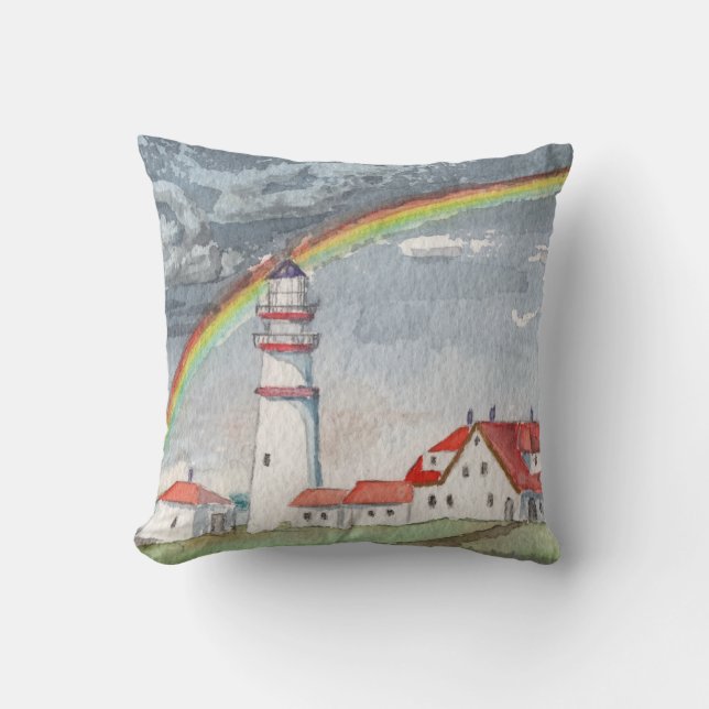 Red and White Lighthouse and Rainbow Cushion (Front)
