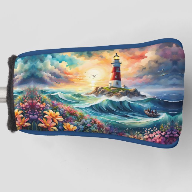 Red and white Lighthouse Floral garden Stormy Sea Golf Head Cover (Front)
